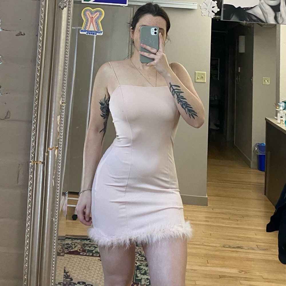 Pink Feather Hem Mini Dress